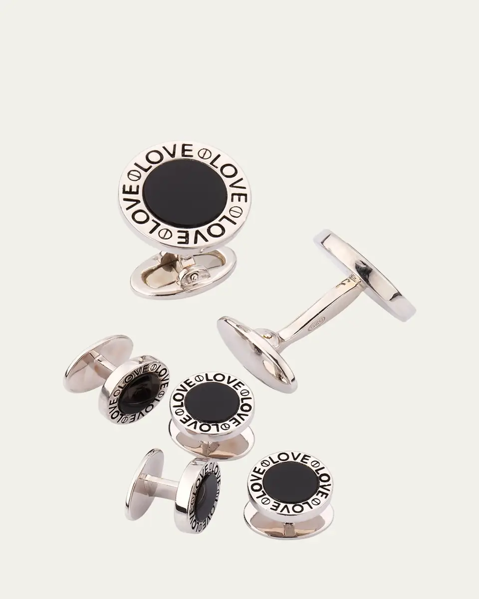 Jan Leslie Men's Black Onyx Love Sterling Silver Cufflink and Stud Set | Thumbnail 4