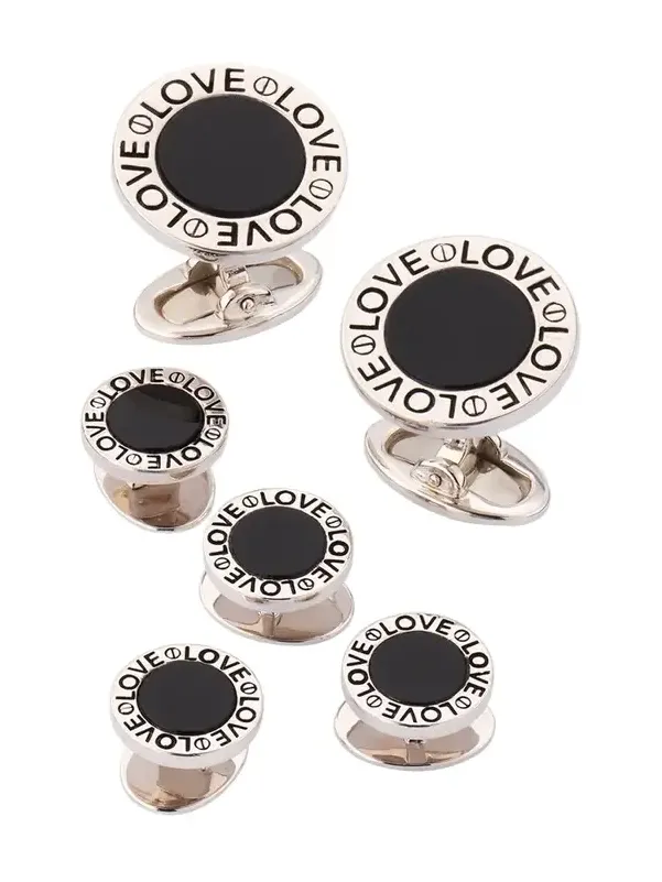 Jan Leslie Men's Black Onyx Love Sterling Silver Cufflink and Stud Set