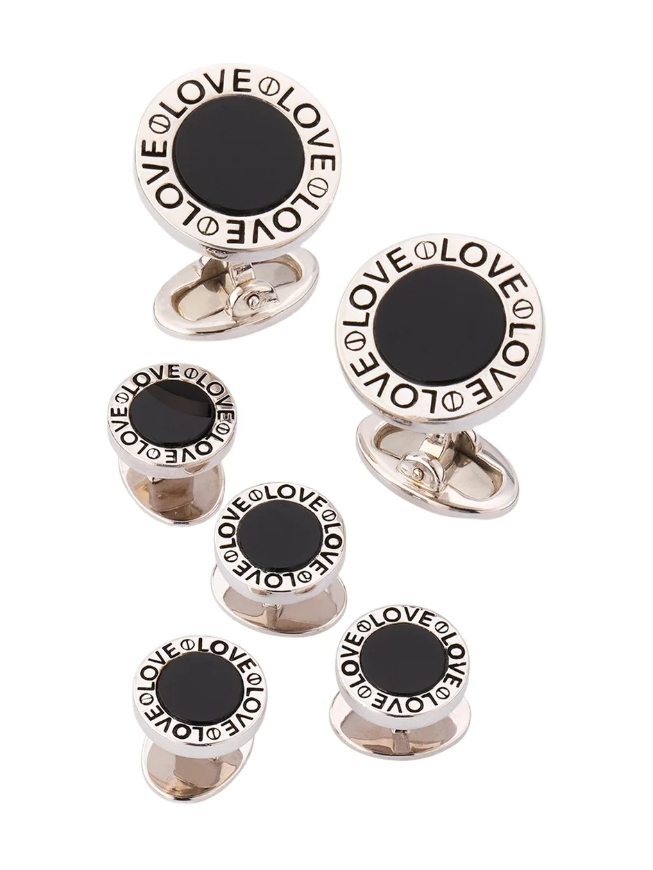 Jan Leslie Men's Black Onyx Love Sterling Silver Cufflink and Stud Set