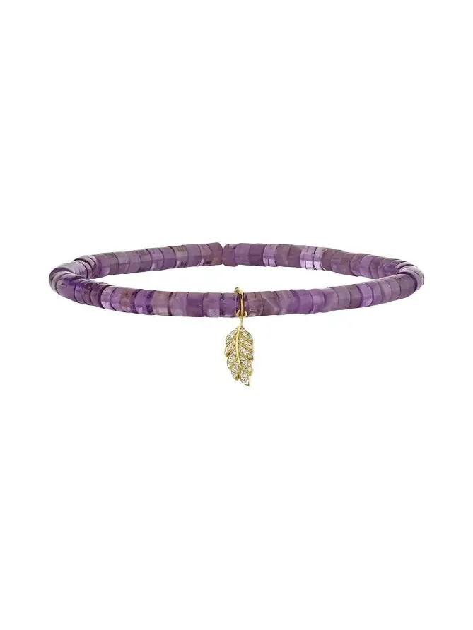 14K Gold Diamond Tiny Pave Feather on Amethyst Heishi Bracelet 14K Gold Diamond Tiny Pave Feather on Amethyst Heishi Bracelet
