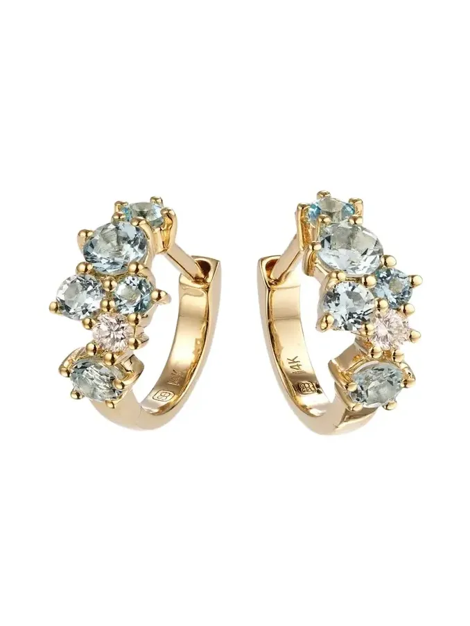 14K Gold Diamond and Aquamarine Cocktail Huggie Earrings