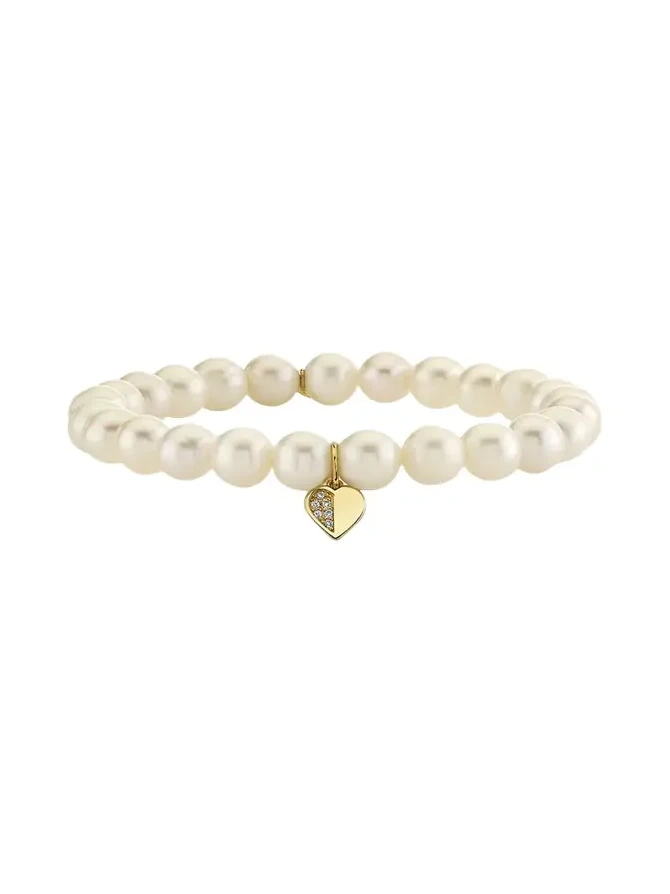 14K Half Pave Heart Charm on Pearl Stretch Bracelet
