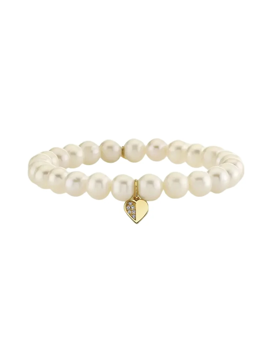 14K Half Pave Heart Charm on Pearl Stretch Bracelet 14K Half Pave Heart Charm on Pearl Stretch Bracelet