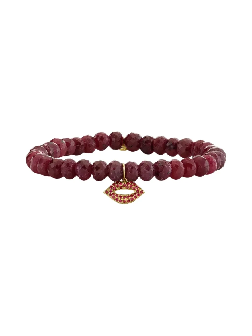 Sydney Evan 14K Small Ruby Lips on Red Corundum Stretch Bracelet