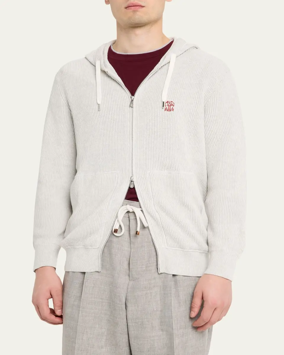 Brunello Cucinelli Men's Cotton Rib Hooded Cardigan Sweatshirt | Thumbnail 4 Brunello Cucinelli Men's Cotton Rib Hooded Cardigan Sweatshirt | Thumbnail 4