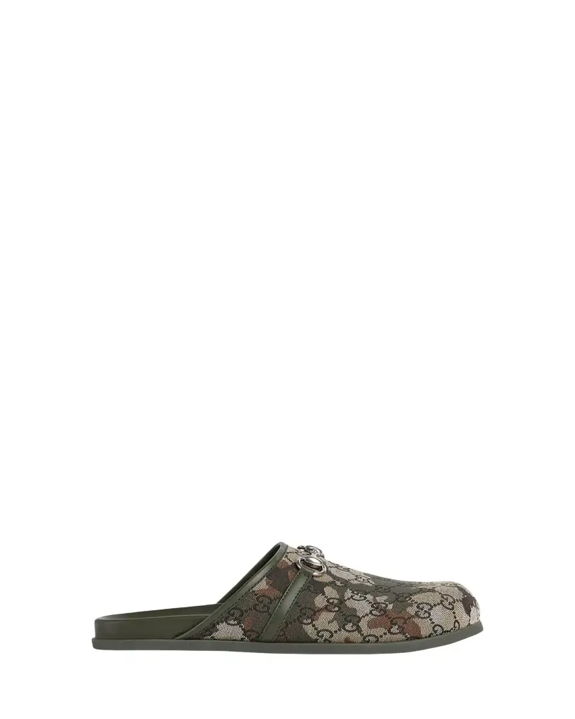 Gucci Men's Rhein Camouflage GG Canvas and Leather Mules | Image 1 Gucci Men's Rhein Camouflage GG Canvas and Leather Mules | Image 1