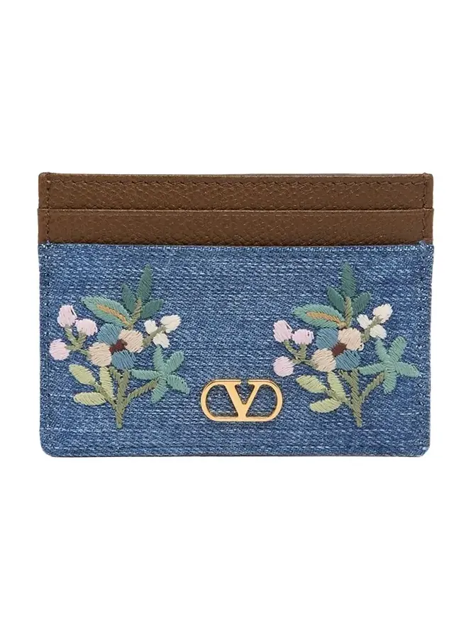Floral-Embroidered Denim & Leather Card Holder Floral-Embroidered Denim & Leather Card Holder