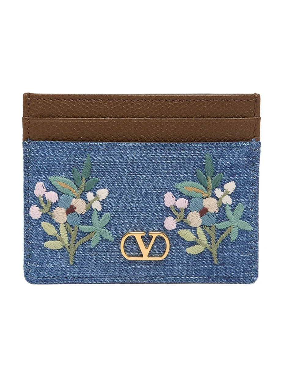 Valentino Garavani Floral-Embroidered Denim & Leather Card Holder