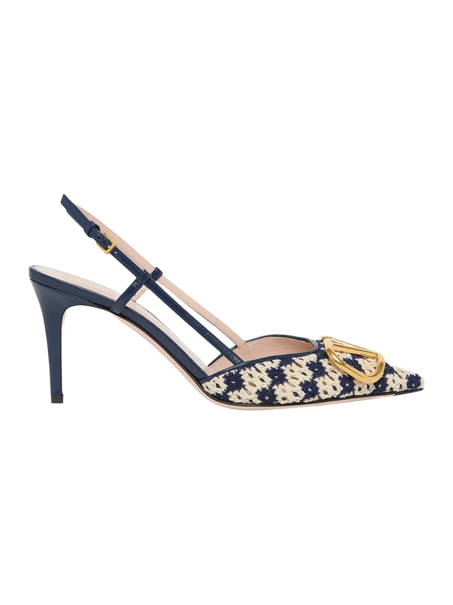80mm VLogo Crochet and Leather Slingback Pumps 80mm VLogo Crochet and Leather Slingback Pumps