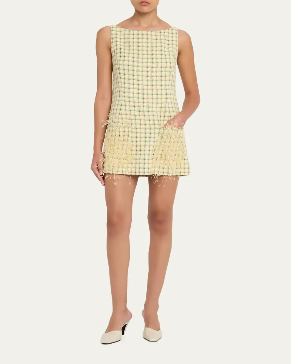 Oscar de la Renta Embellished-Pocket Check Tweed Sleeveless Mini Dress | Thumbnail 2 Oscar de la Renta Embellished-Pocket Check Tweed Sleeveless Mini Dress | Thumbnail 2