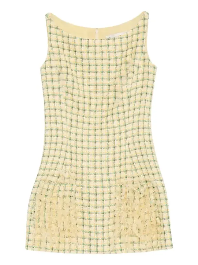 Embellished-Pocket Check Tweed Sleeveless Mini Dress