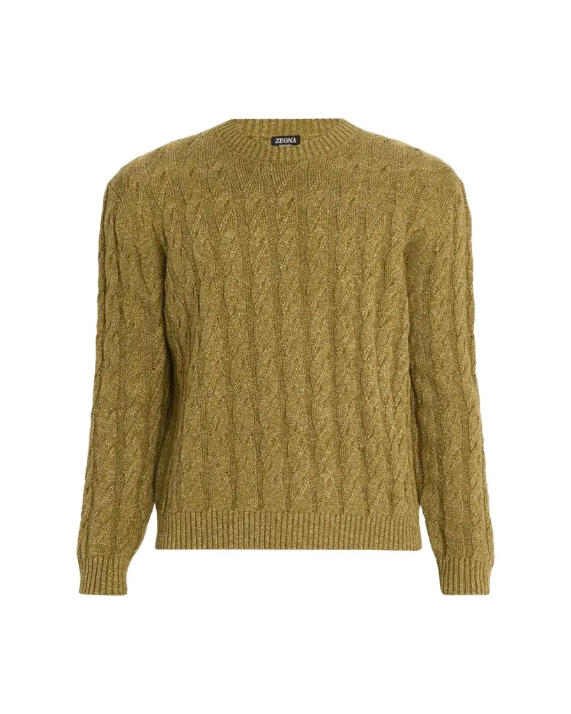 Men's Cable-Knit Melange Cashmere-Blend Crewneck Sweater