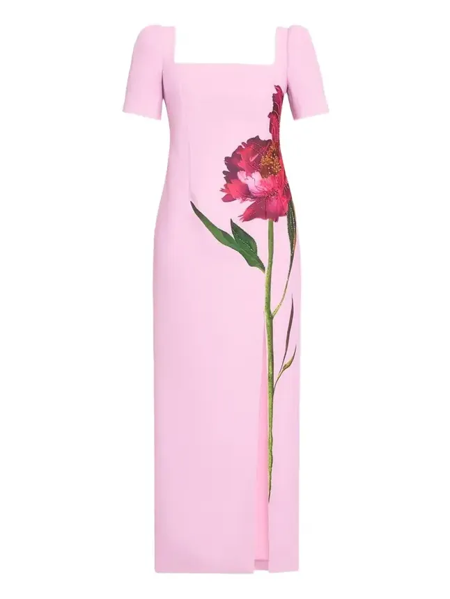 Beaded Floral-Print Crepe Column Gown Beaded Floral-Print Crepe Column Gown