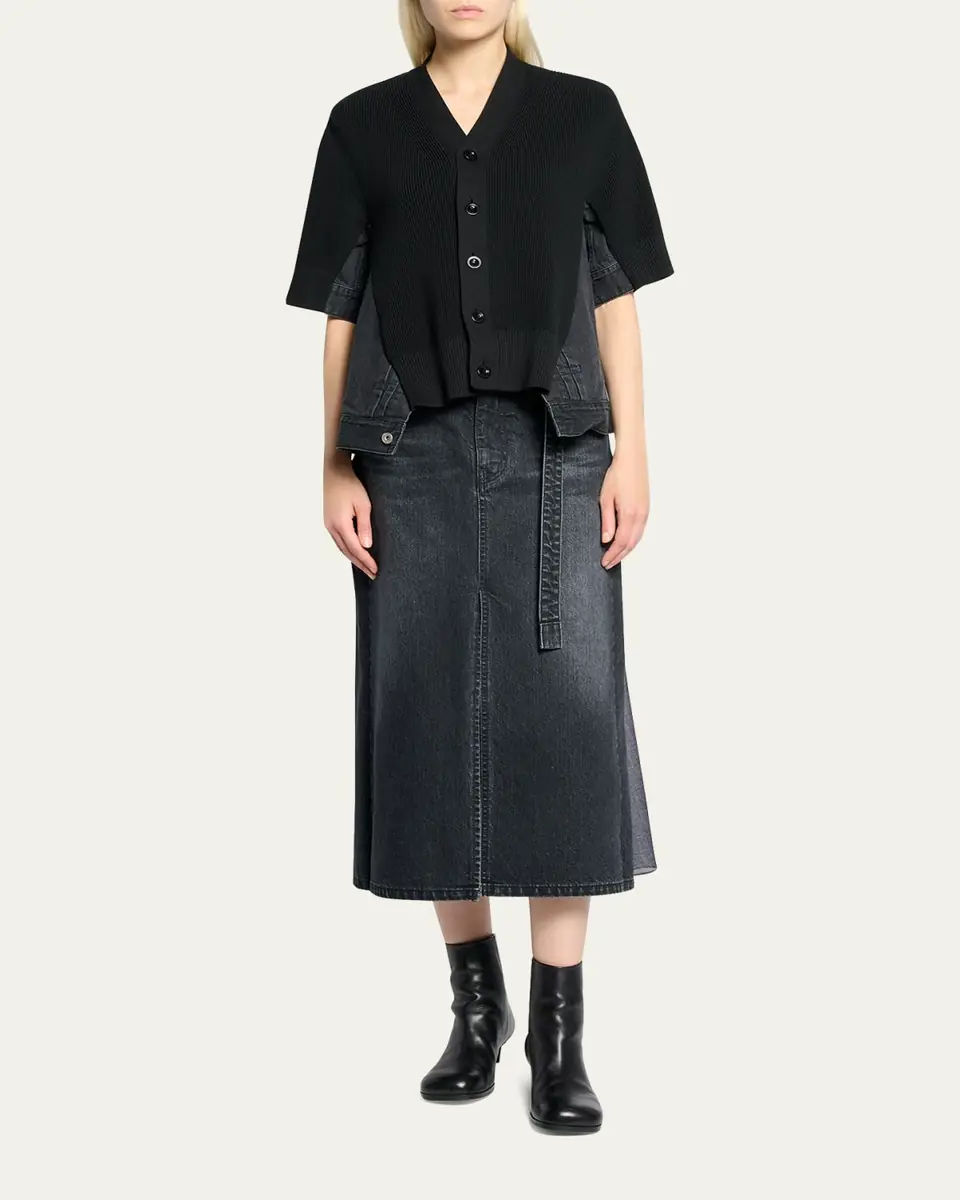 SACAI Mixed-Media Denim Short-Sleeve V-Neck Cardigan | Thumbnail 2 SACAI Mixed-Media Denim Short-Sleeve V-Neck Cardigan | Thumbnail 2