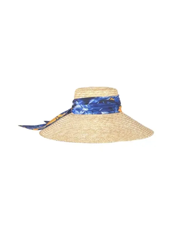 Mirabel Wide-Brim Straw Sun Hat with Scarf