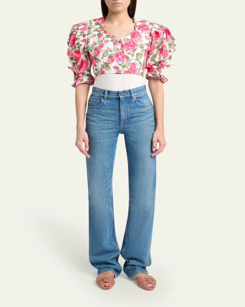 Chloé Floral Cotton Puff-Sleeve Button-Front Crop Top | Thumbnail 2