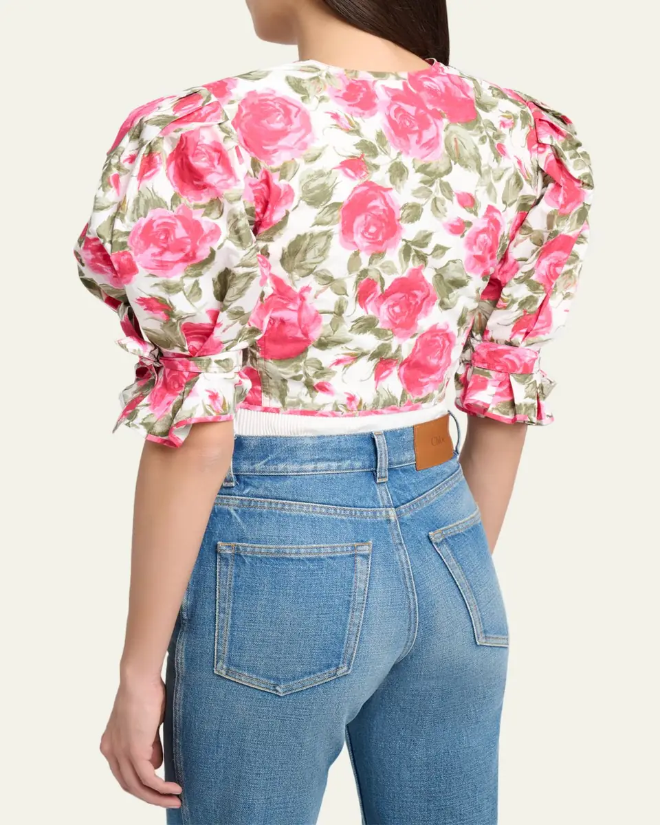 Chloé Floral Cotton Puff-Sleeve Button-Front Crop Top | Thumbnail 3