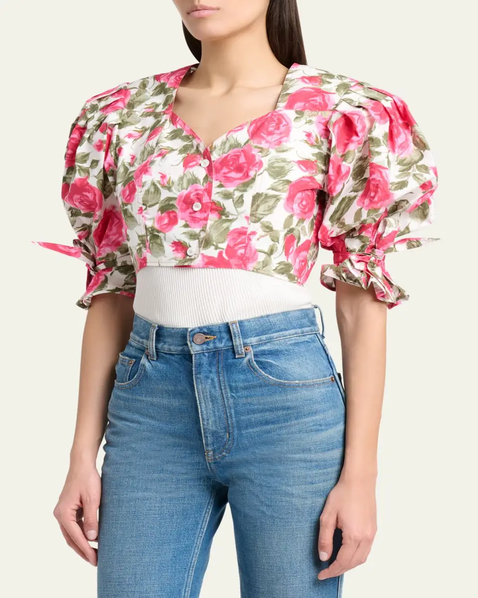 Chloé Floral Cotton Puff-Sleeve Button-Front Crop Top | Thumbnail 4