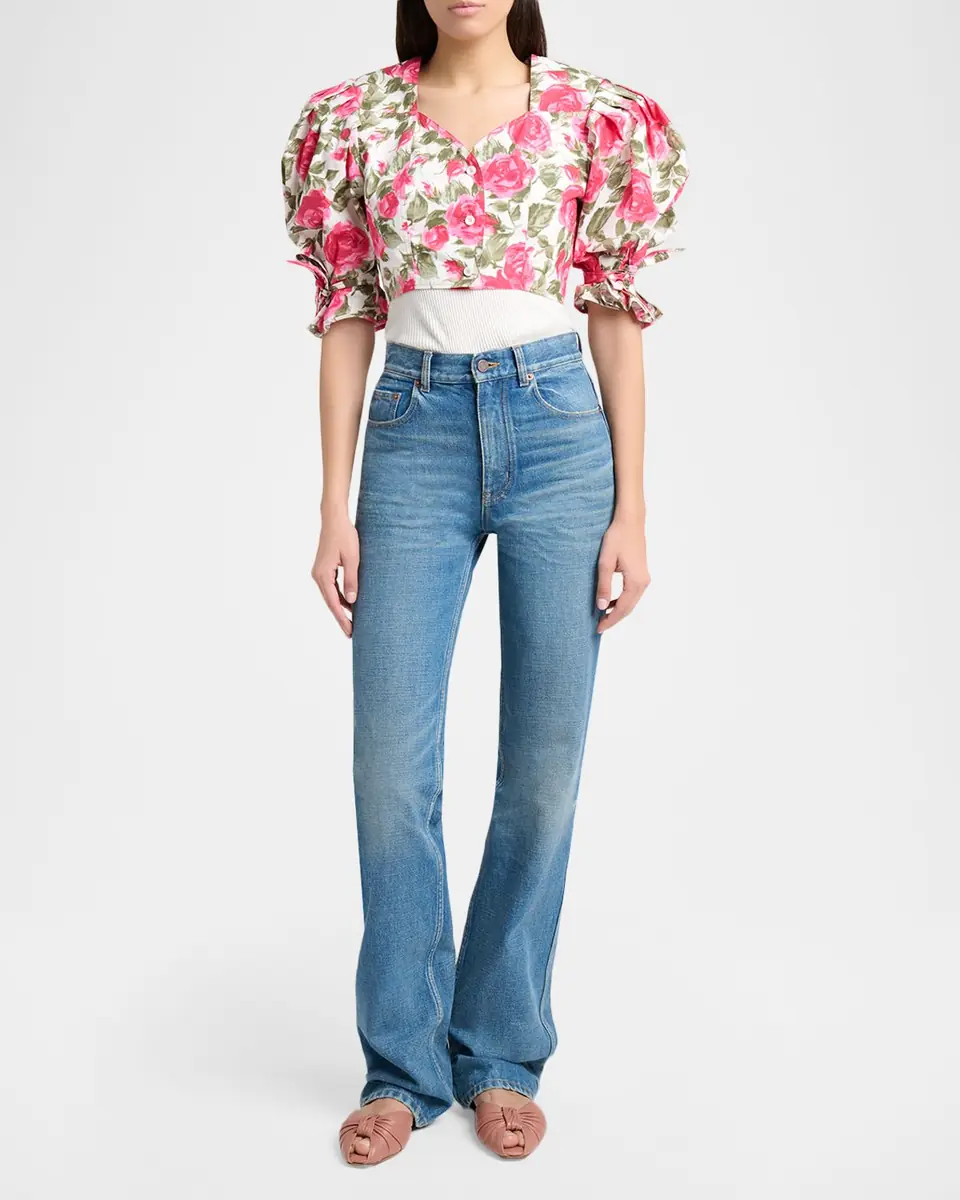 Chloé Floral Cotton Puff-Sleeve Button-Front Crop Top | Thumbnail 6