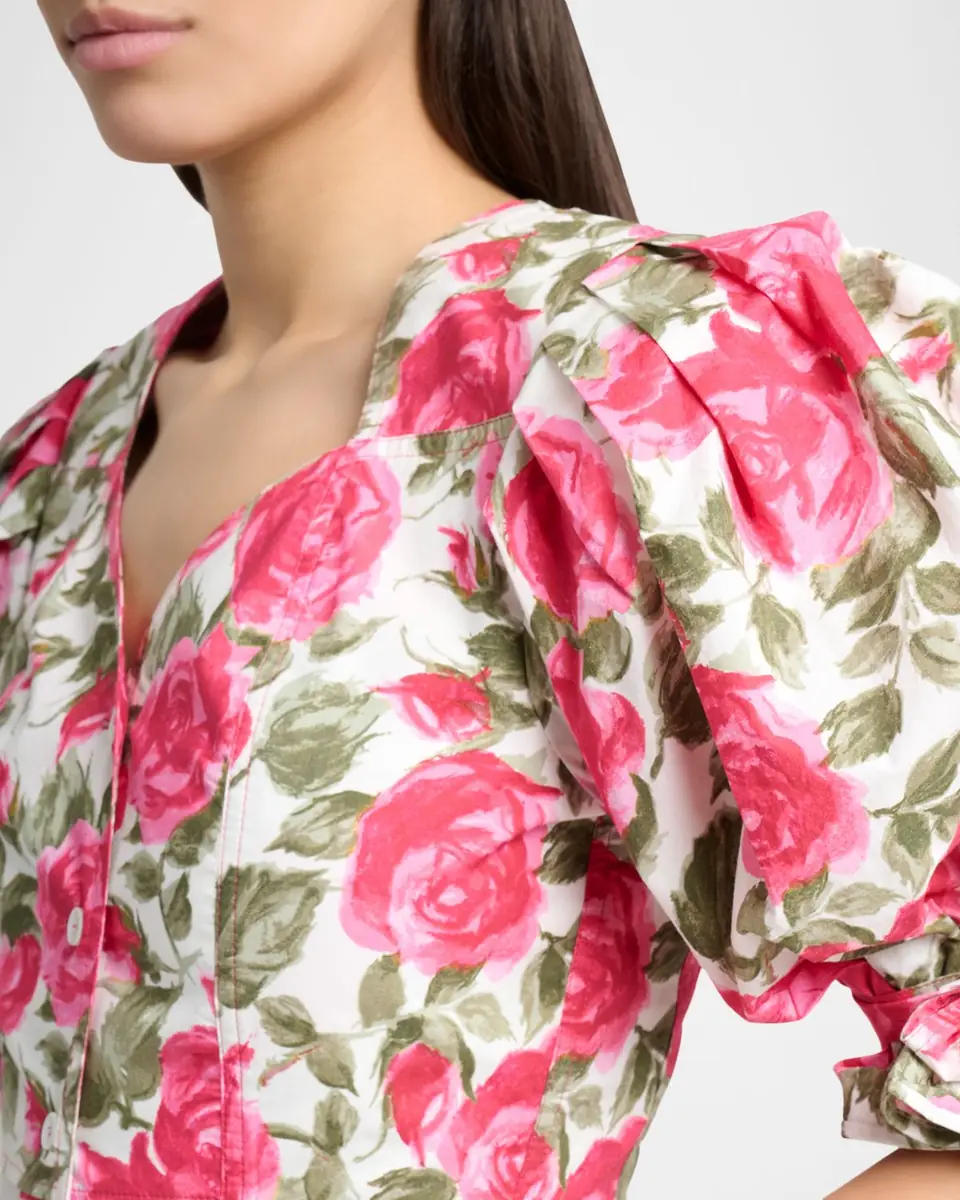 Chloé Floral Cotton Puff-Sleeve Button-Front Crop Top | Thumbnail 8