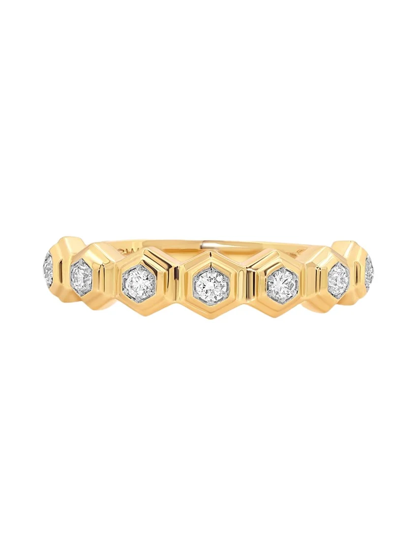 Honey Comb 18K Gold & Diamond Hexagon Band Ring