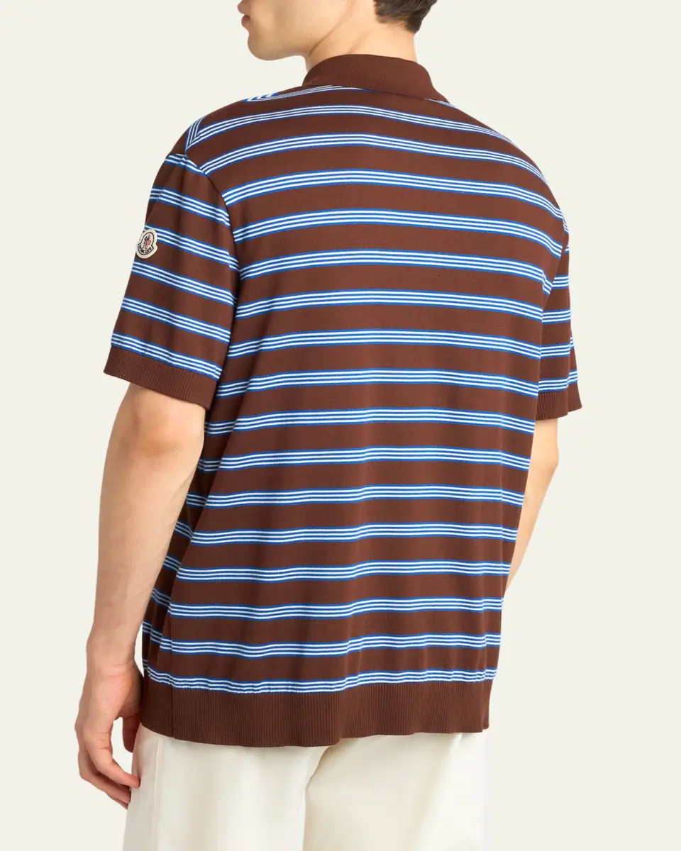 Moncler Men's Cotton Knit Triple-Stripe Polo Shirt | Thumbnail 3