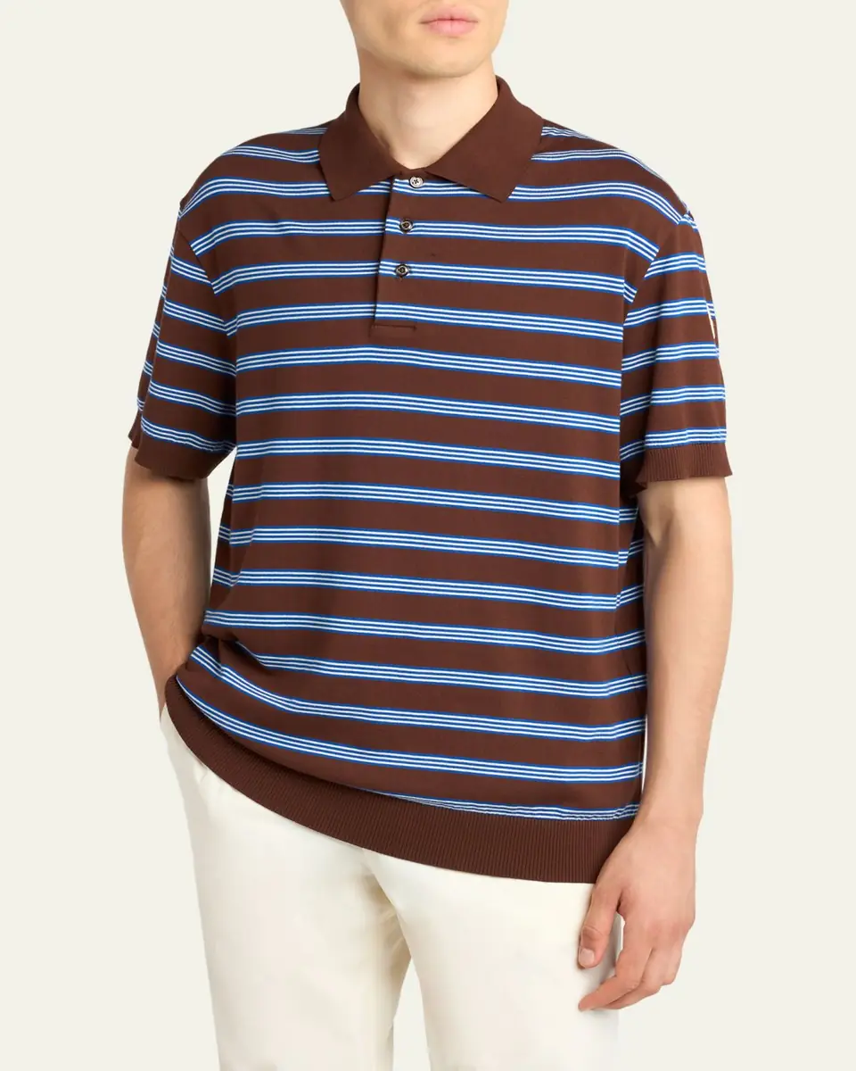 Moncler Men's Cotton Knit Triple-Stripe Polo Shirt | Thumbnail 4