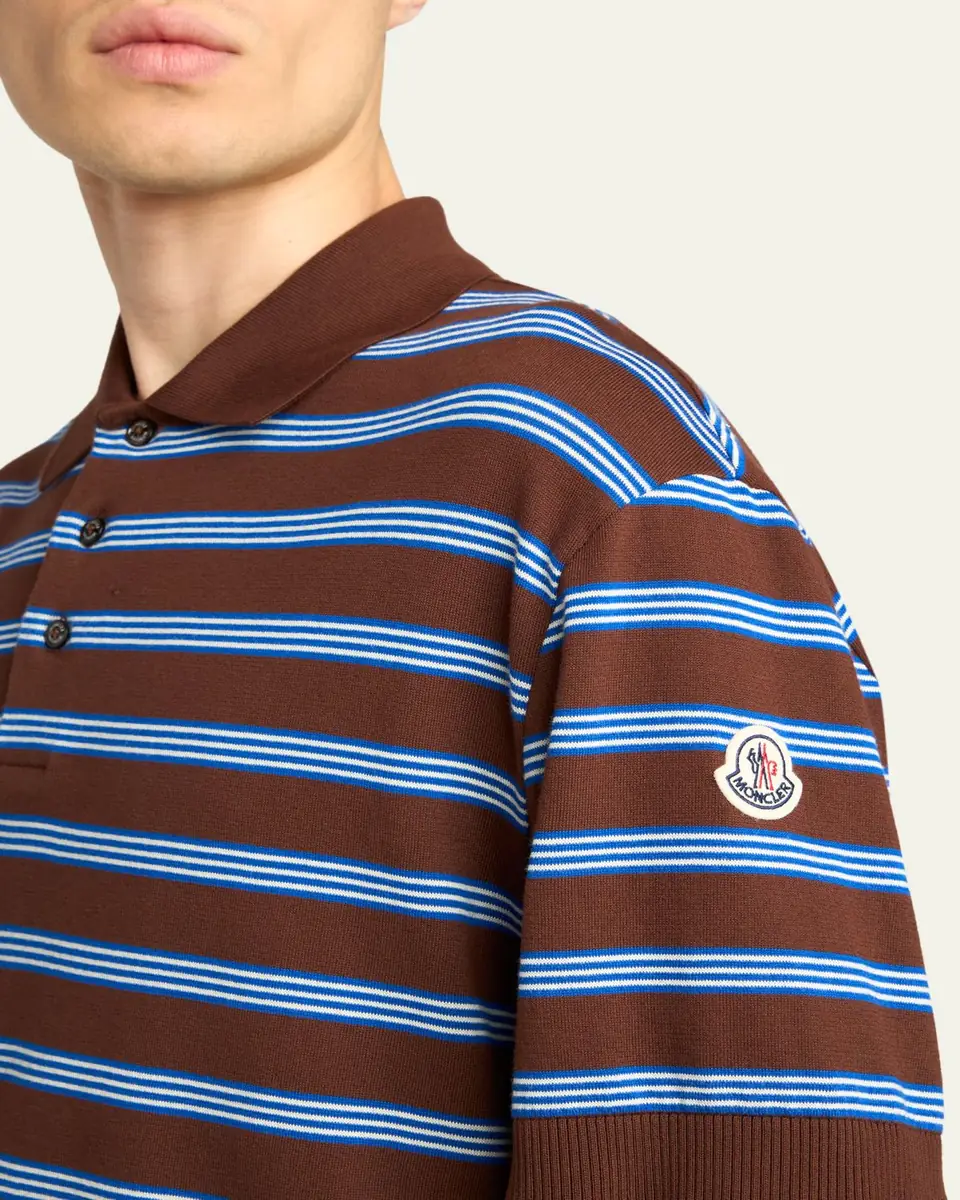 Moncler Men's Cotton Knit Triple-Stripe Polo Shirt | Thumbnail 5