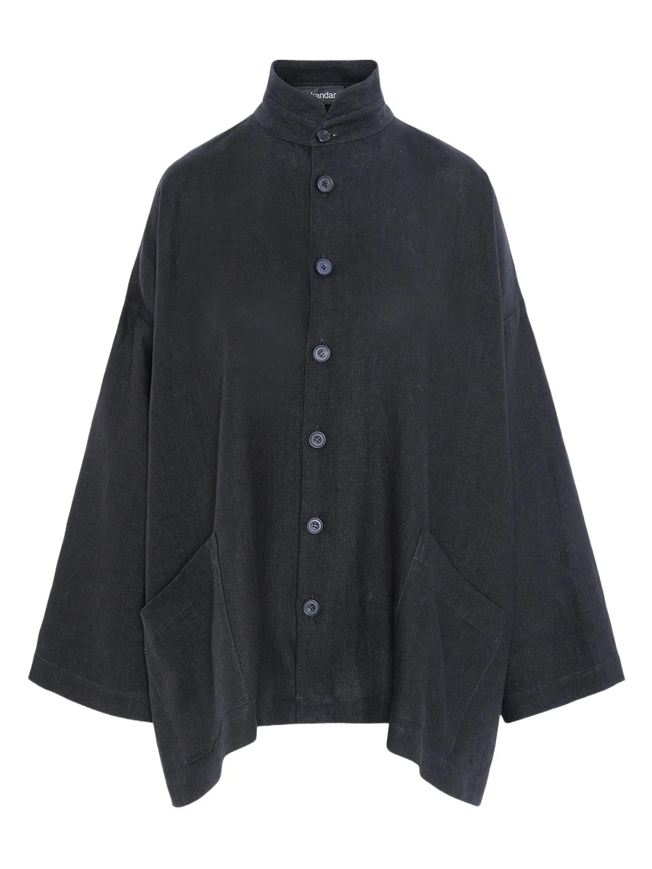 Heavyweight Linen Angle-To-Front Double Stand Collar Jacket - Long Length Heavyweight Linen Angle-To-Front Double Stand Collar Jacket - Long Length