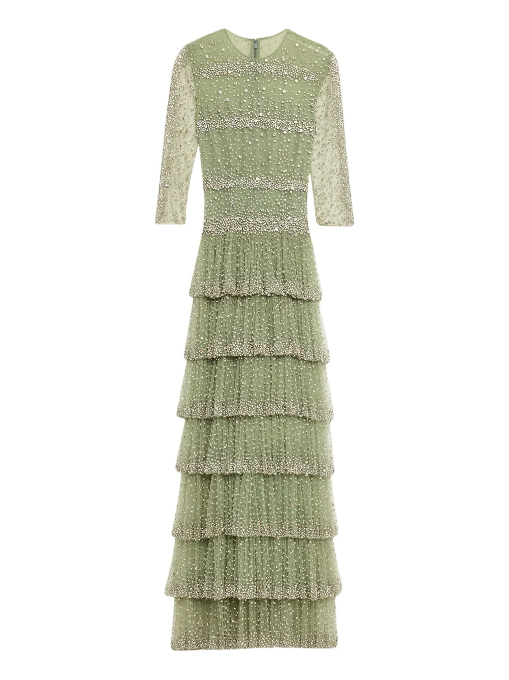 Costarellos Solene Crystal Tiered Ruffle Gown