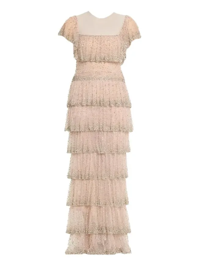 Jesenia Crystal Ruffle Square-Neck Illusion Gown Jesenia Crystal Ruffle Square-Neck Illusion Gown