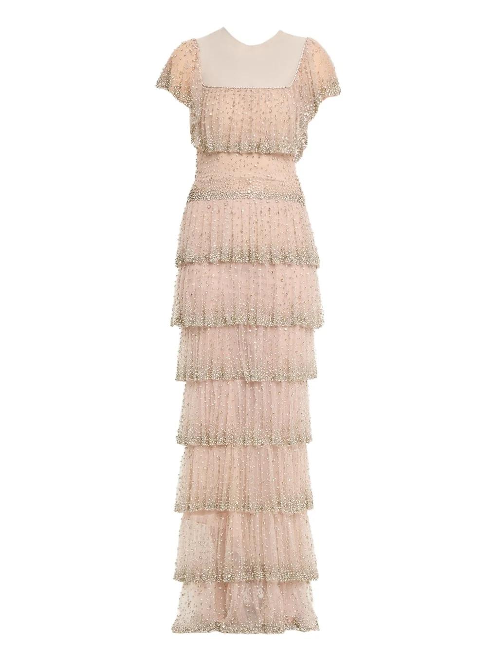 Costarellos Jesenia Crystal Ruffle Square-Neck Illusion Gown