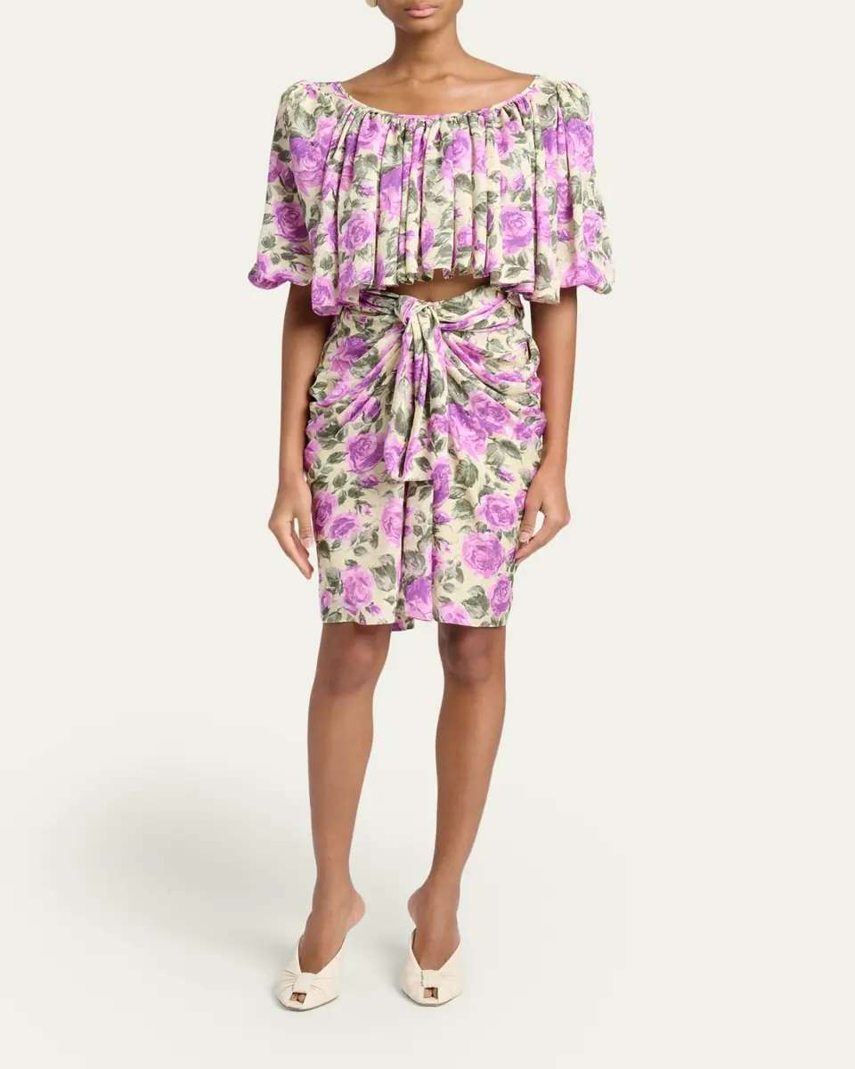 Chloé Floral Silk Puff-Sleeve Ruffle Crop Top | Thumbnail 2