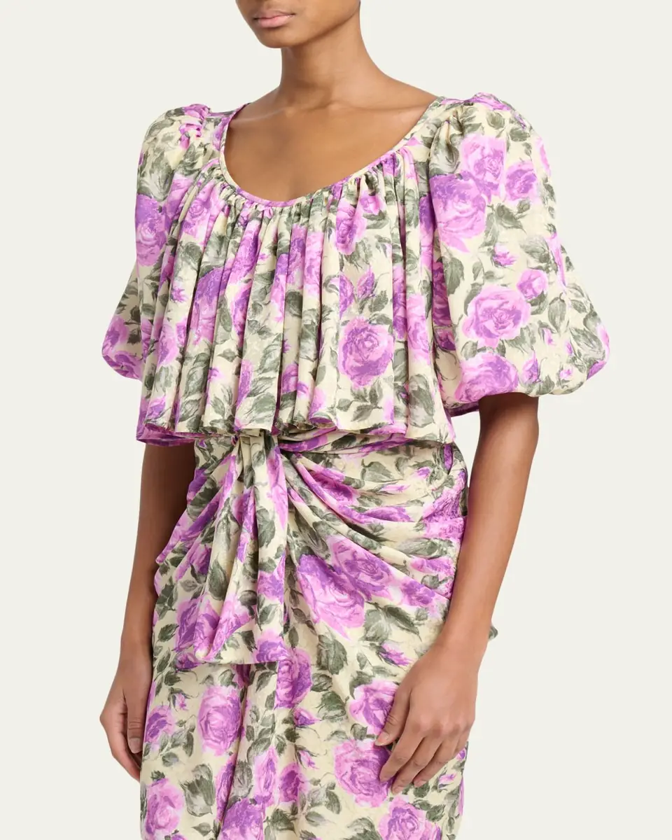 Chloé Floral Silk Puff-Sleeve Ruffle Crop Top | Thumbnail 4