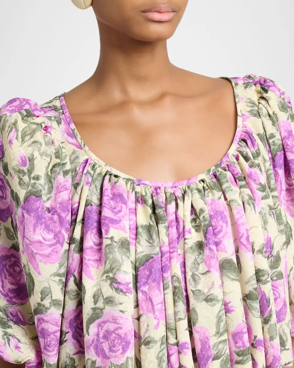Chloé Floral Silk Puff-Sleeve Ruffle Crop Top | Thumbnail 9
