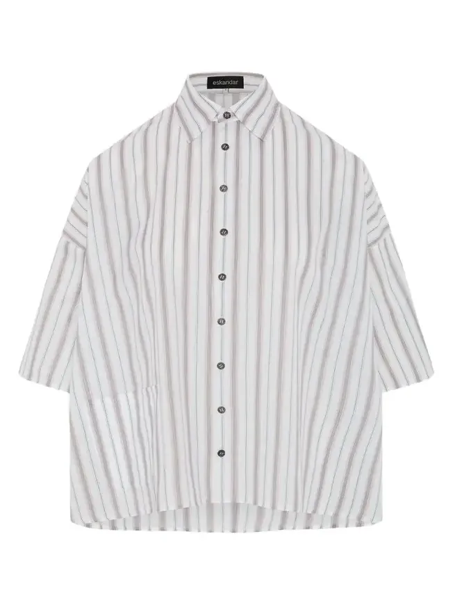 Cotton Sloped Shoulder Wide A-Line Short Sleeve Shirt With Collar - Mid Plus Length