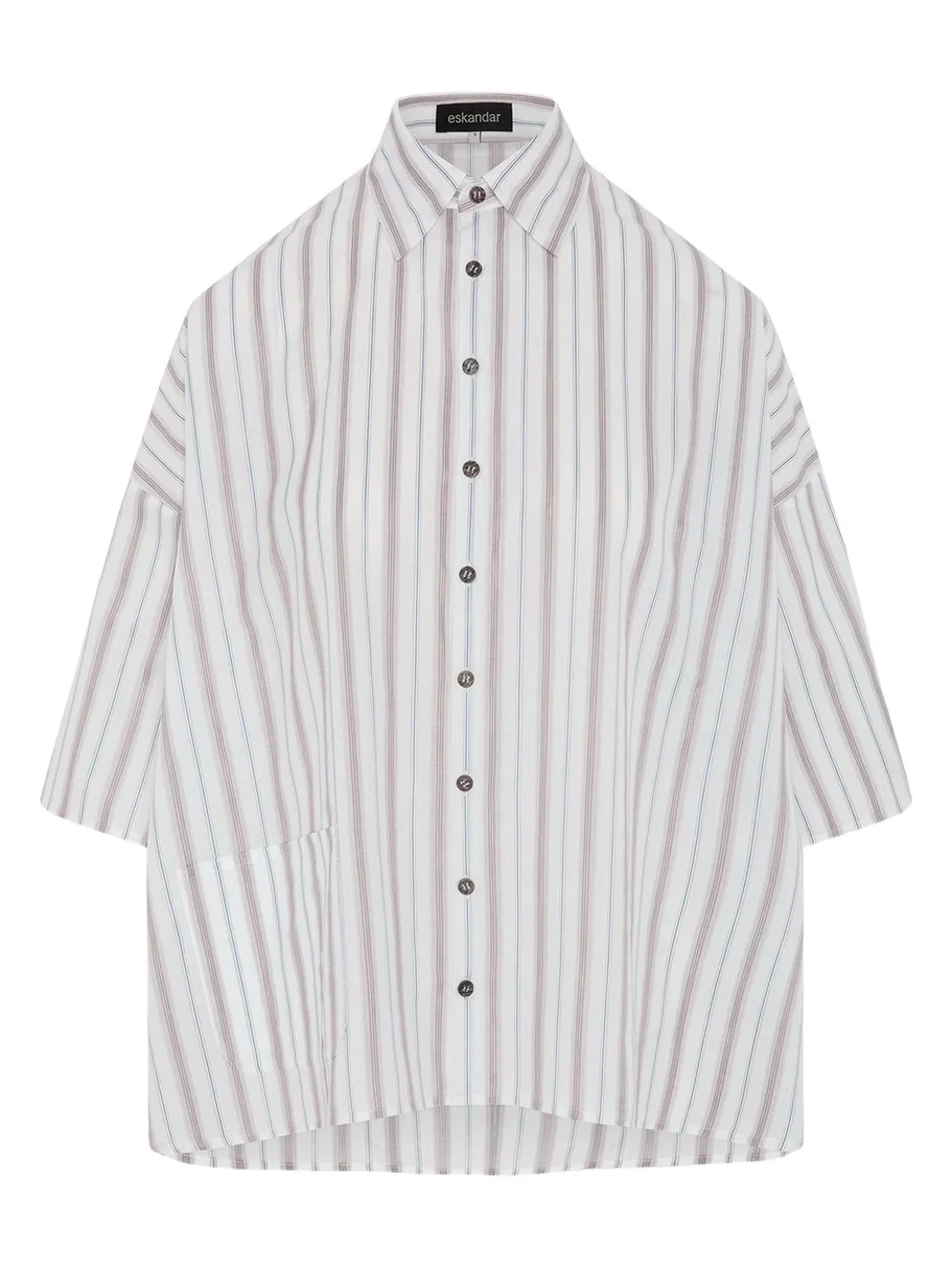 Cotton Sloped Shoulder Wide A-Line Short Sleeve Shirt With Collar - Mid Plus Length