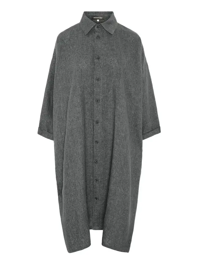 Heavyweight Delave Linen Wide A-Line Shirt Dress With Collar Heavyweight Delave Linen Wide A-Line Shirt Dress With Collar