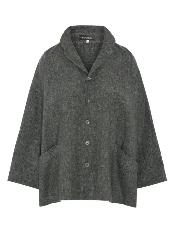 Heavyweight Delave Linen Angle-To-Front Double Stand Collar Jacket - Long Length Heavyweight Delave Linen Angle-To-Front Double Stand Collar Jacket - Long Length
