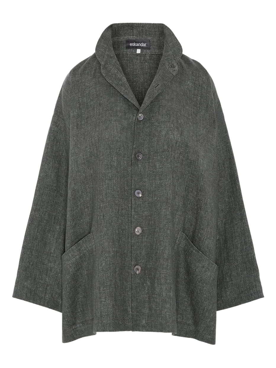 Eskandar Heavyweight Delave Linen Angle-To-Front Double Stand Collar Jacket - Long Length