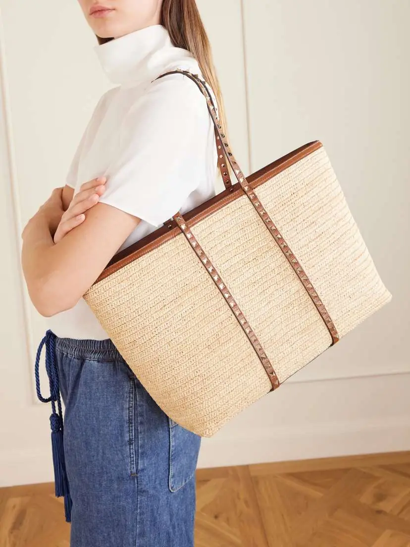 Valentino Garavani Rockstud Leather-trimmed Raffia Tote | Thumbnail 3 Valentino Garavani Rockstud Leather-trimmed Raffia Tote | Thumbnail 3