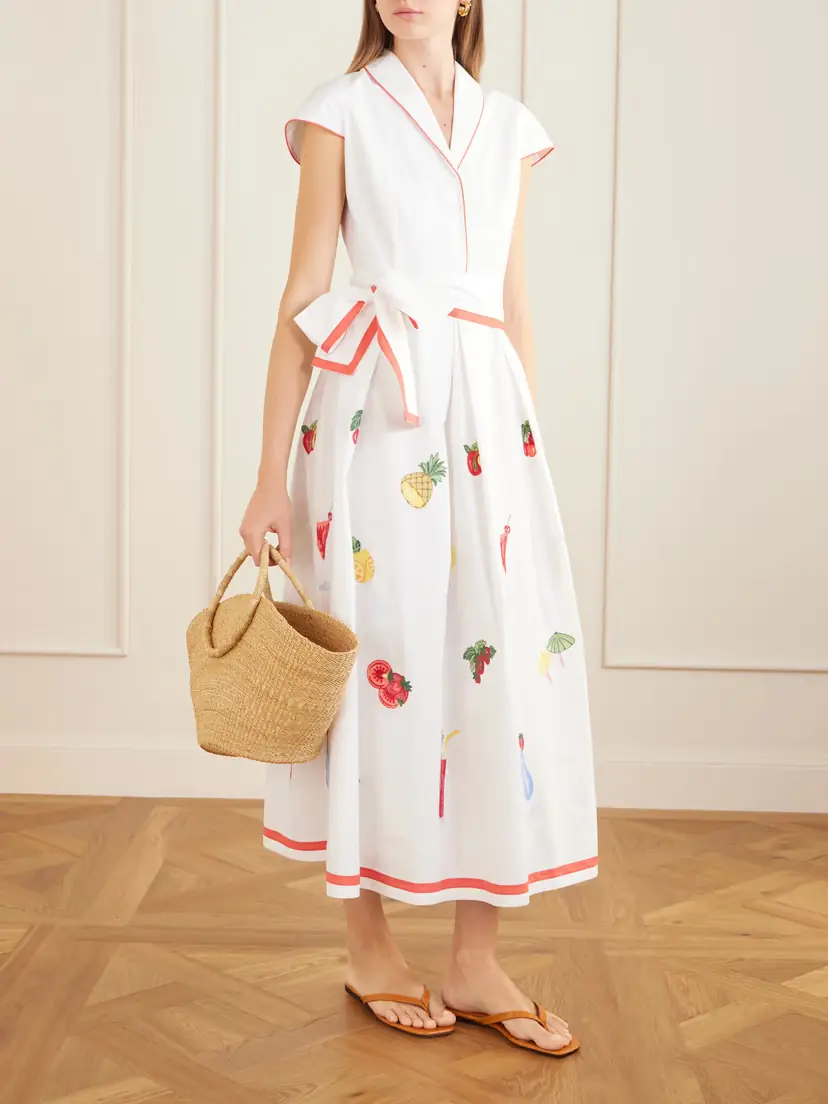 Loretta Caponi Giardino Belted Embroidered Cotton-poplin Dress | Thumbnail 2 Loretta Caponi Giardino Belted Embroidered Cotton-poplin Dress | Thumbnail 2
