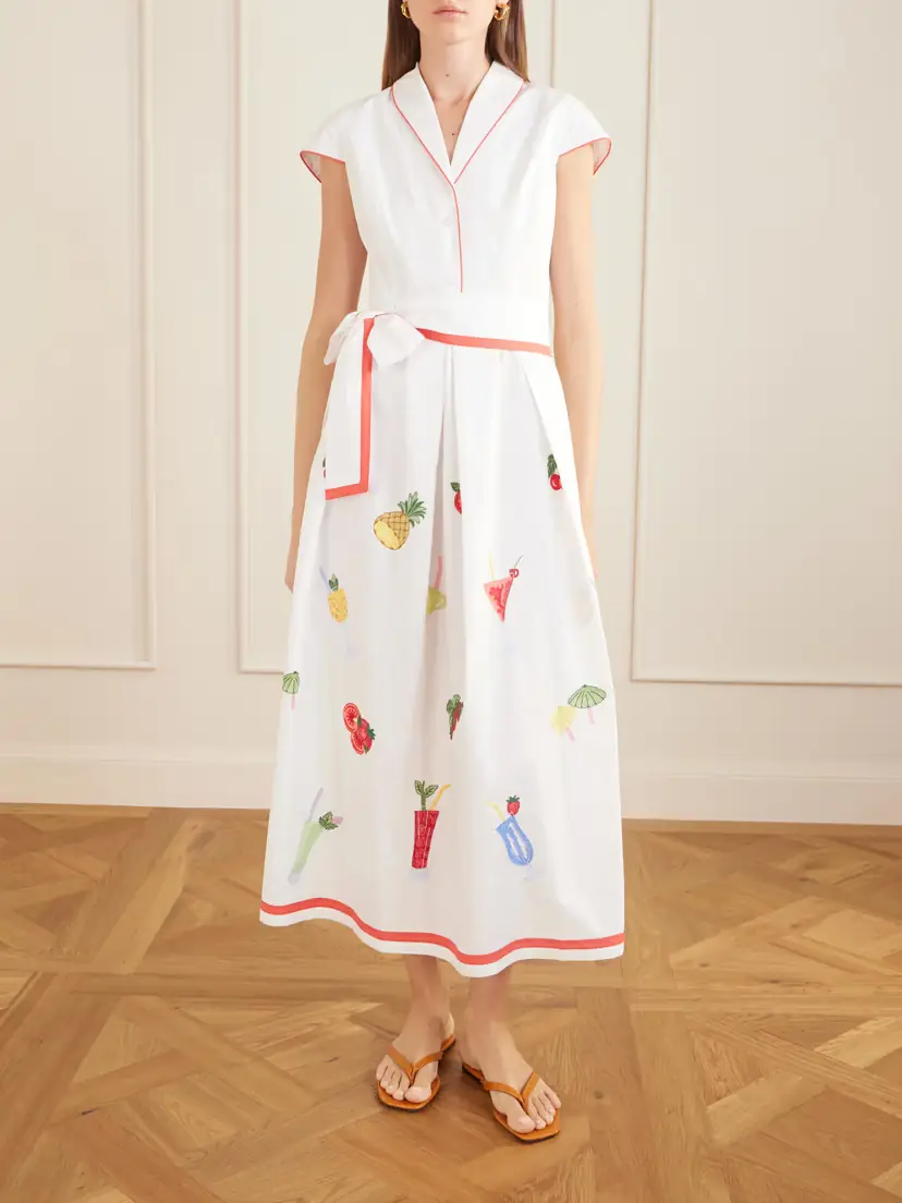 Loretta Caponi Giardino Belted Embroidered Cotton-poplin Dress | Thumbnail 3 Loretta Caponi Giardino Belted Embroidered Cotton-poplin Dress | Thumbnail 3