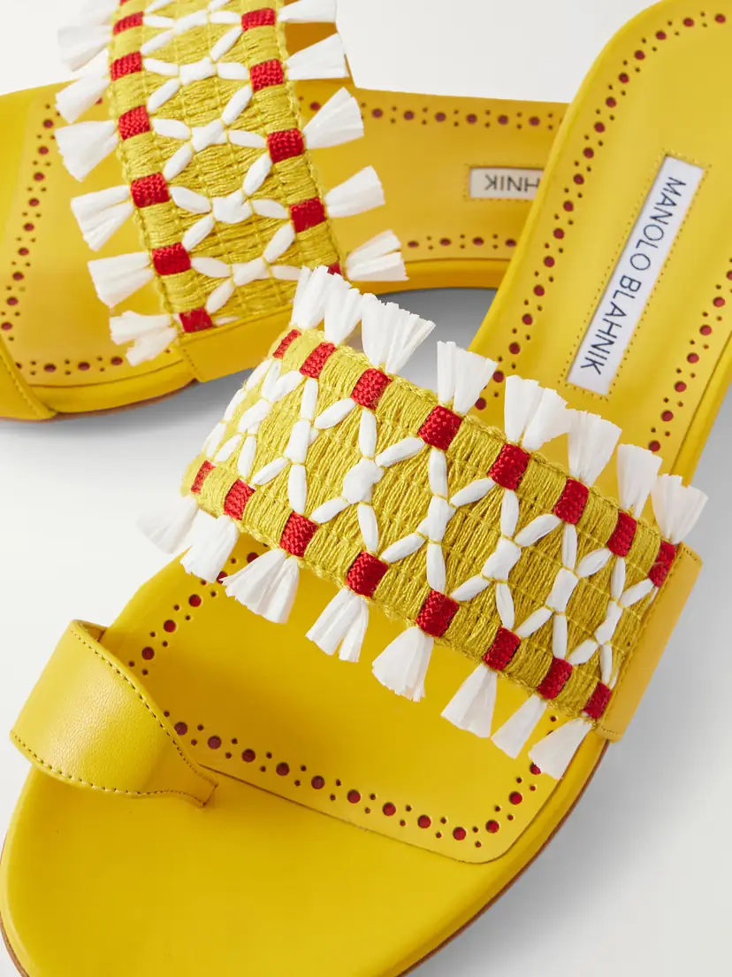 Manolo Blahnik Brava Raffia-trimmed Crocheted Leather Sandals | Thumbnail 5