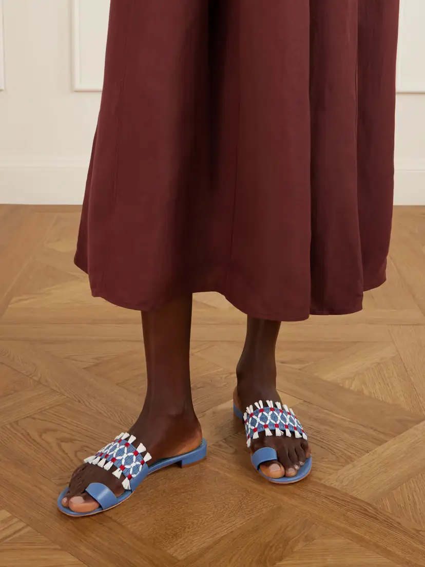 Manolo Blahnik Brava Raffia-trimmed Crocheted Leather Sandals | Thumbnail 2