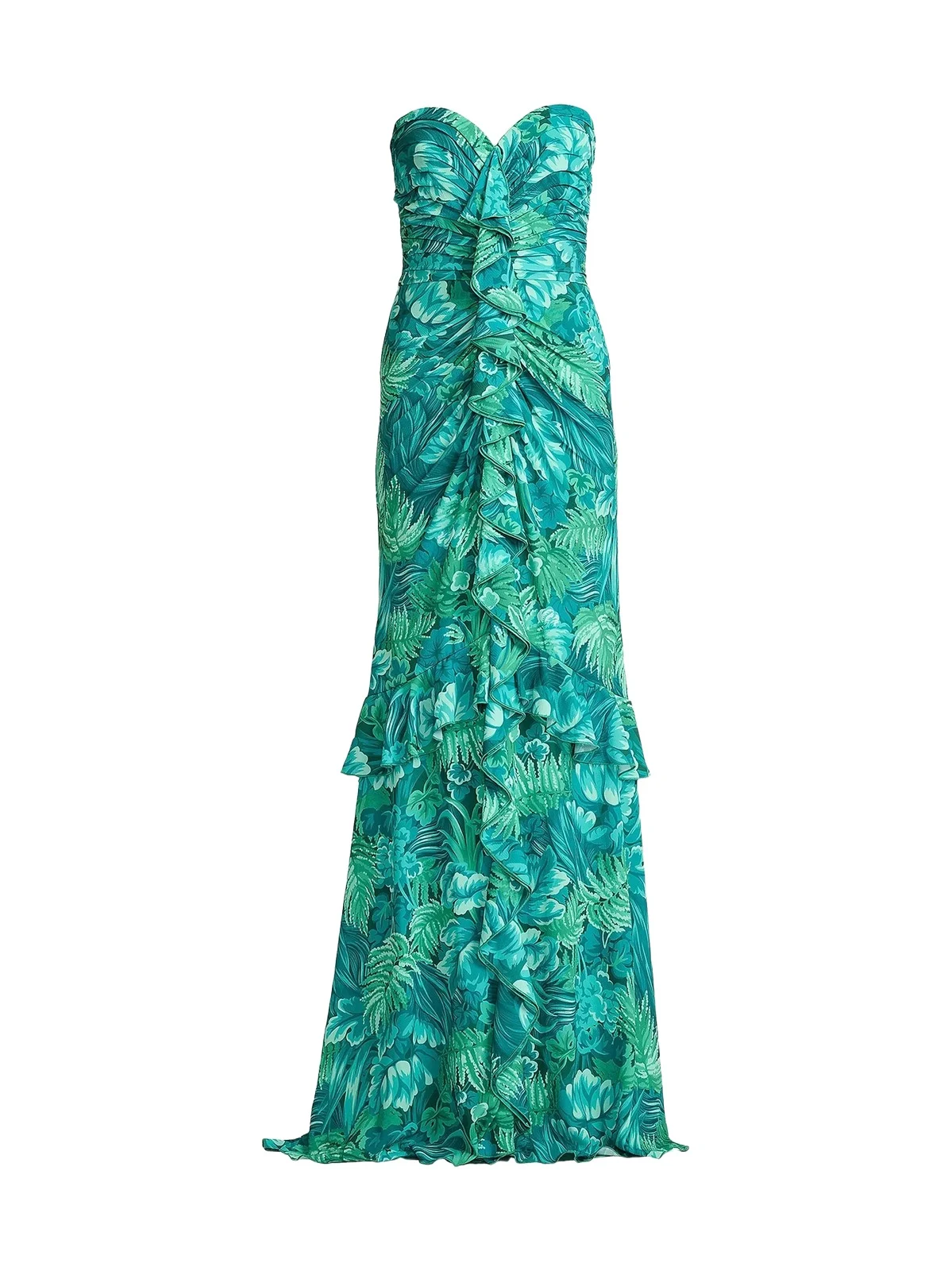 Women's Tropical Print Ruffled Strapless Gown Women's Tropical Print Ruffled Strapless Gown