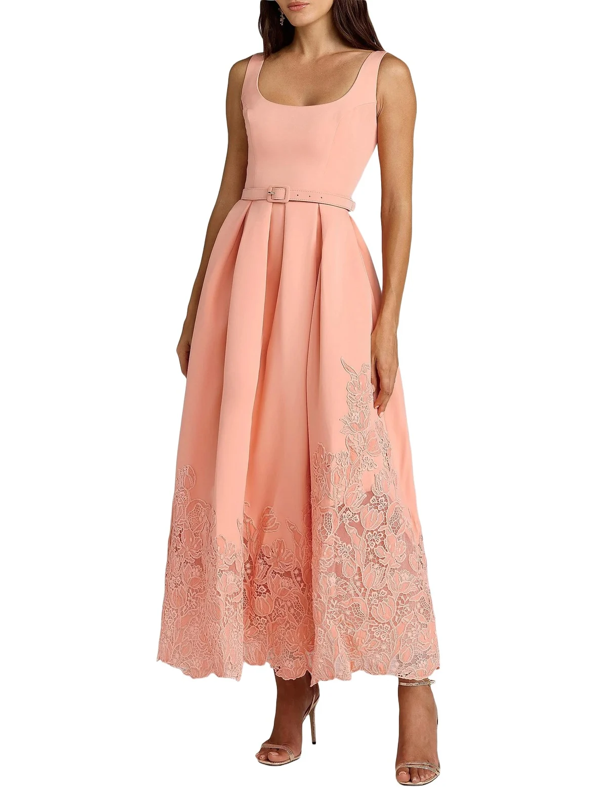 Women's Floral-Lace Crepe Belted Midi-Dress Women's Floral-Lace Crepe Belted Midi-Dress