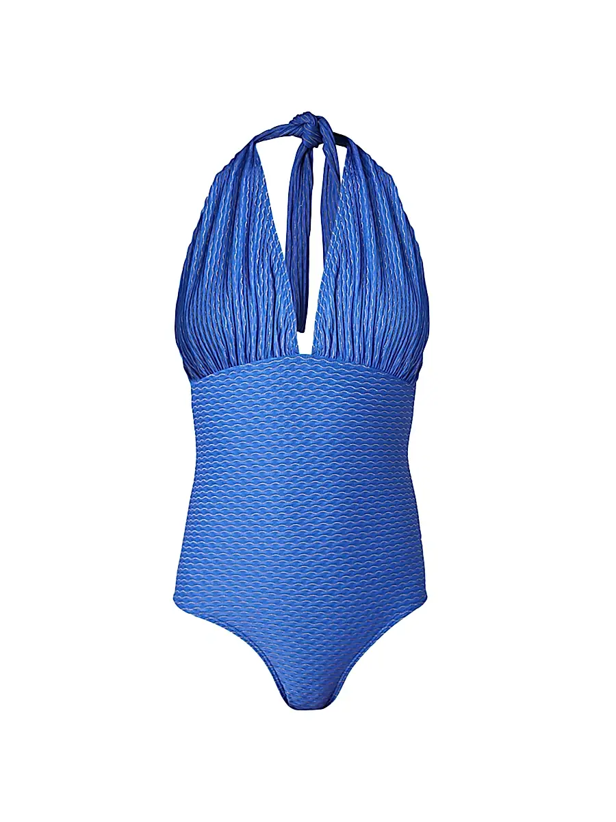 Shoshanna Women's Patterned Halterneck One-Piece Swimsuit - Azure | Image 1 Shoshanna Women's Patterned Halterneck One-Piece Swimsuit - Azure | Image 1