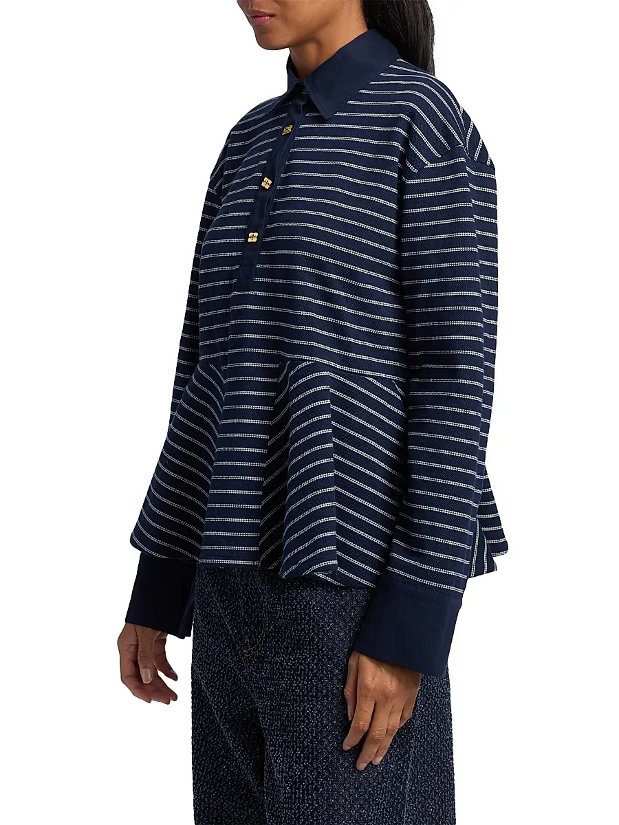 Ganni Women's Striped Single Piqué Cotton Peplum Top | Thumbnail 4