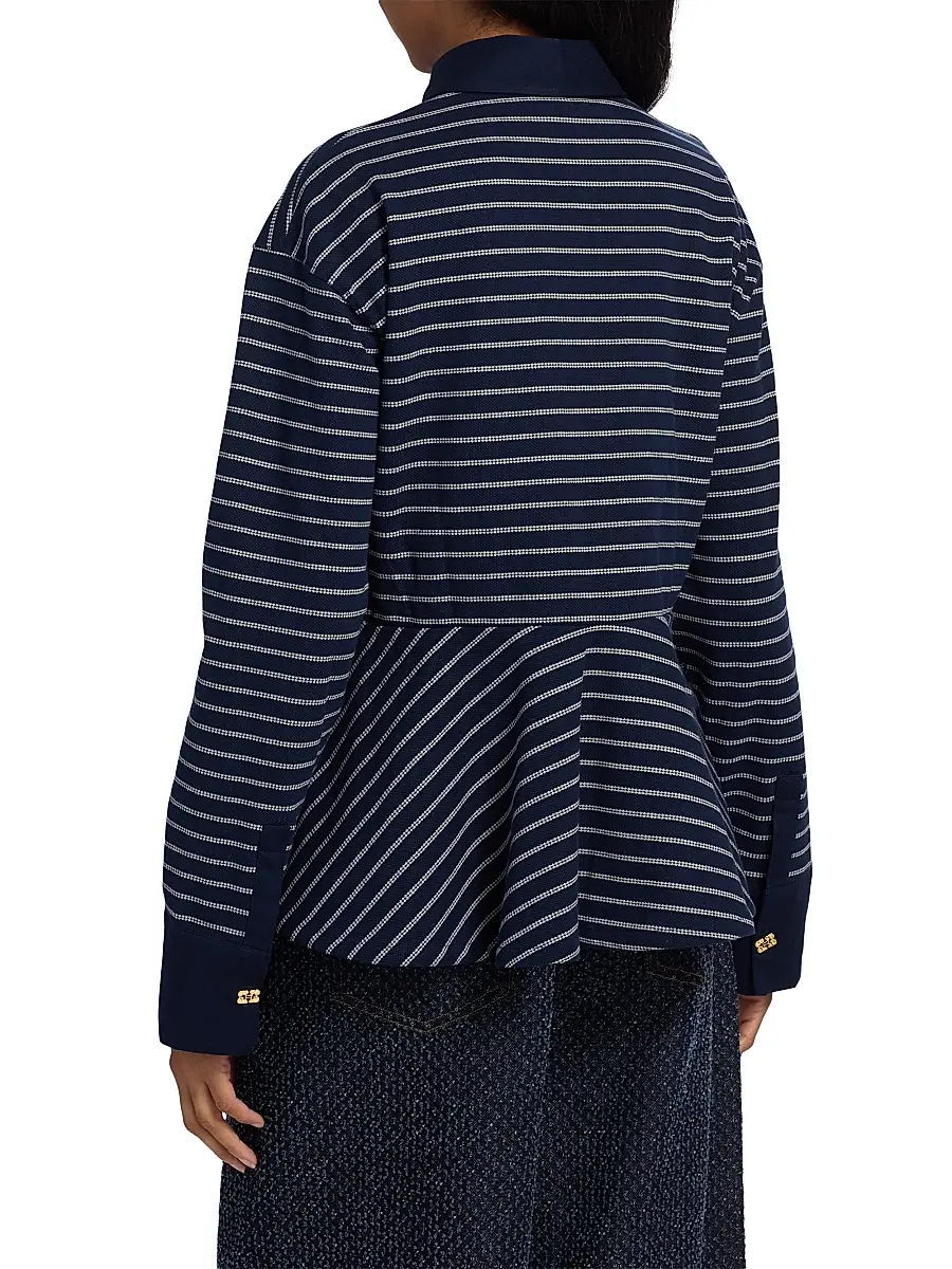 Ganni Women's Striped Single Piqué Cotton Peplum Top | Thumbnail 5